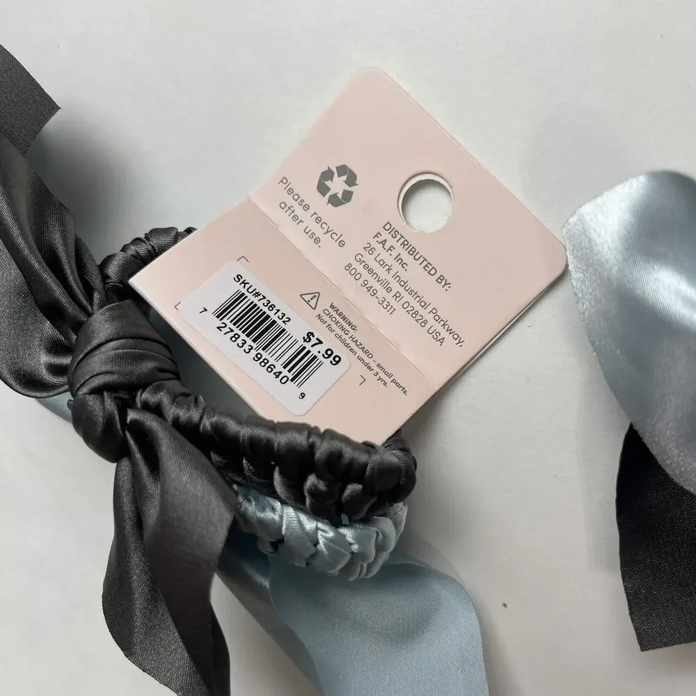 Lot of 6 Hive and Co Satin Hair Ties with‎ Bow - 2 count Each Light Blue & Gray